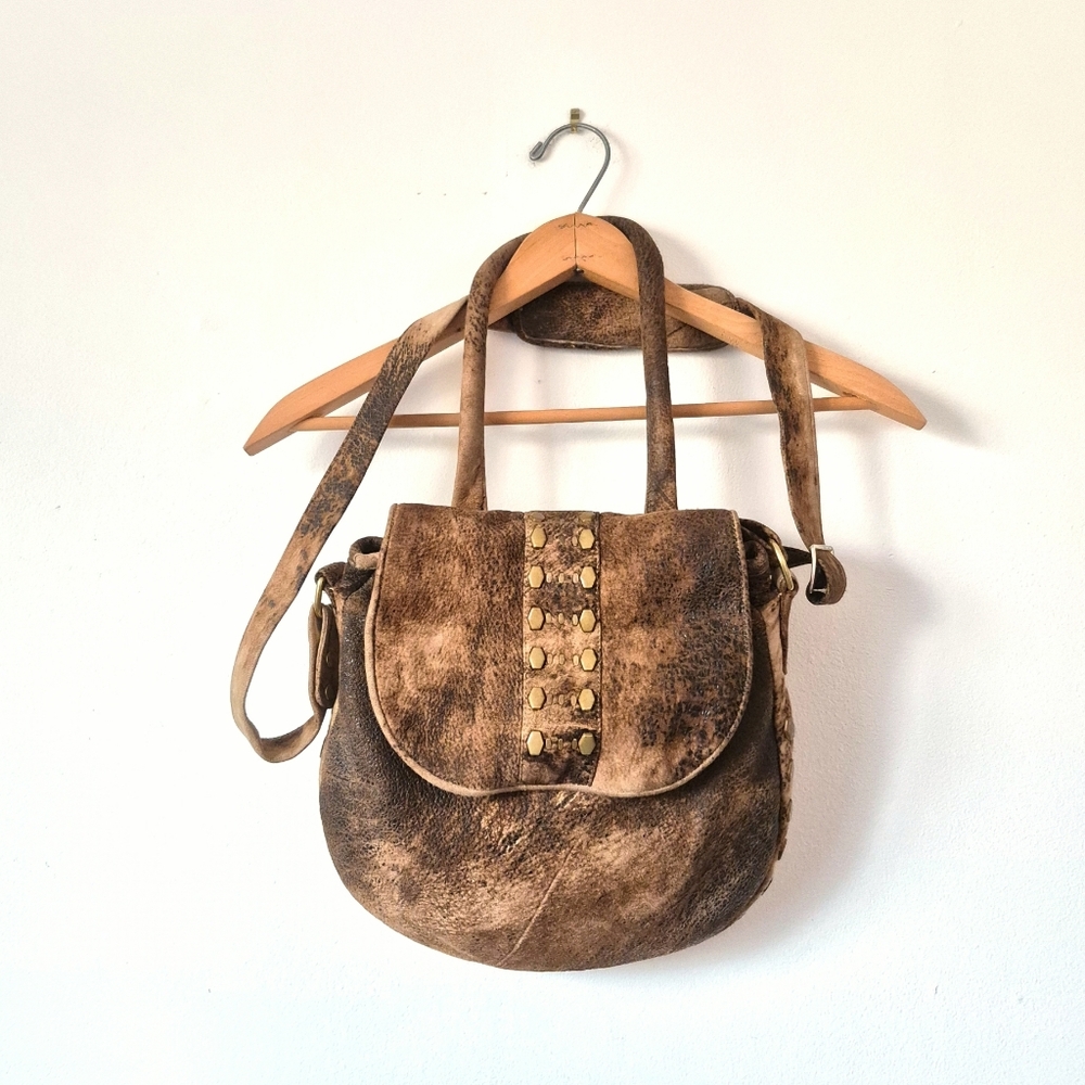 Calleen Cordero BOHO Crossbody Brown Suede Leather Studded Distressed Satchel